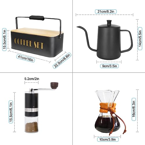 SOTECH Pour Over Coffee Maker Set - 20oz Stainless Steel Coffee Kettle; Manual Coffee Grinder; Heatproof Glass Coffee Chemex Dripper for Traveling Camping