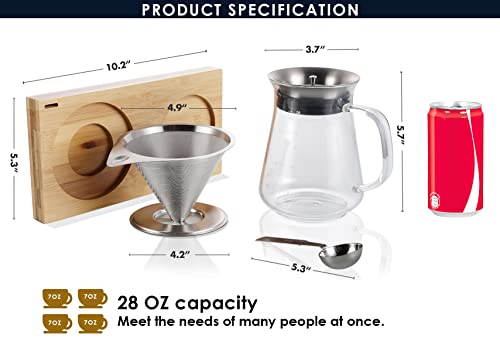 Aquach Pour Over Coffee Maker Set with Extra Large Coffee Dripper, 28 oz Glass Carafe, Stainlesss Steel Coffee Scoop and Bamboo Storage Tray, Unique Set for Home or Office