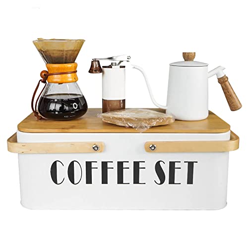 SOTECH Pour Over Coffee Maker Set - 20oz Stainless Steel Coffee Kettle; Manual Coffee Grinder; Heatproof Glass Coffee Chemex Dripper for Traveling Camping