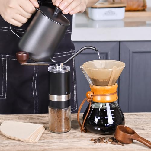 SOTECH Pour Over Coffee Maker Set - 20oz Stainless Steel Coffee Kettle; Manual Coffee Grinder; Heatproof Glass Coffee Chemex Dripper for Traveling Camping