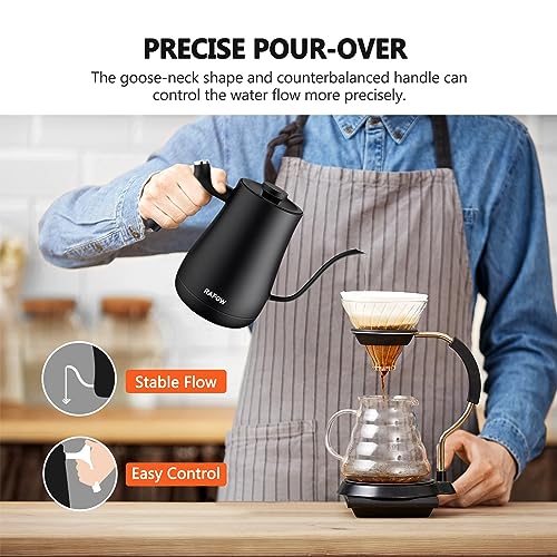 Gooseneck Electric Kettle Temperature Control: 1200W Quick Heating 5 Variable Presets Pour Over Coffee & Tea, 304 Stainless Steel Hot Water Boiler for Boiling Wate, Matte Black