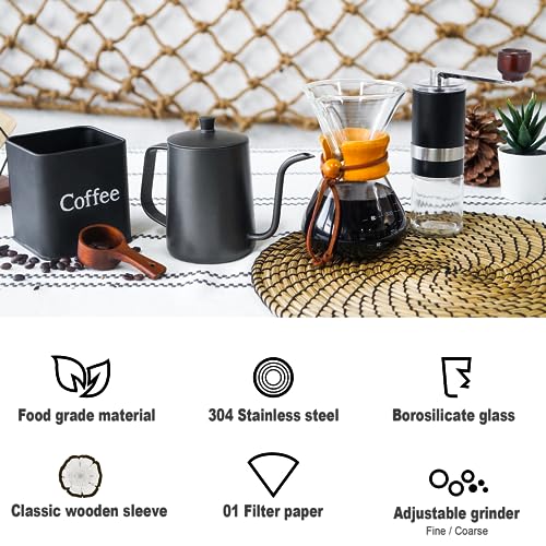 SOTECH Pour Over Coffee Maker Set - 20oz Stainless Steel Coffee Kettle; Manual Coffee Grinder; Heatproof Glass Coffee Chemex Dripper for Traveling Camping