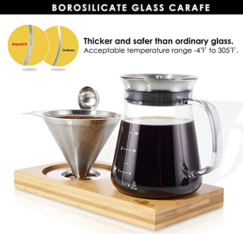 Aquach Pour Over Coffee Maker Set with Extra Large Coffee Dripper, 28 oz Glass Carafe, Stainlesss Steel Coffee Scoop and Bamboo Storage Tray, Unique Set for Home or Office